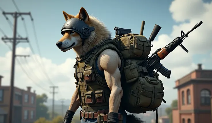 Wolf in pubg game with bagpack,guns, helmet, Grande and others