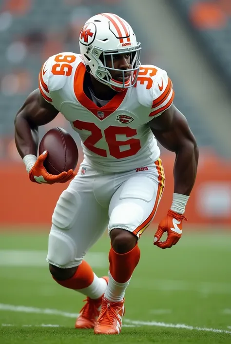 An American football player in a white and orange uniform