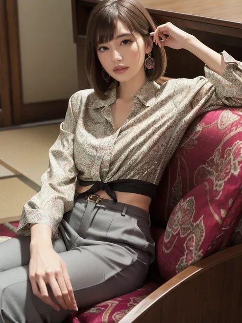 (1 woman), solo, short bob, 2, Japanese, brown eyes, brown hair, slim figure, flat chest, rosy cheeks, flushed face, happy, happiness
Break
//Fashions 
Paisley Patterned Silk Blouse with High-Waisted Trousers 
Imagine a luxurious silk blouse featuring a bo...