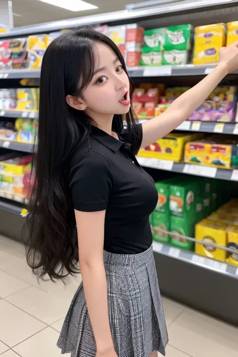 (8k, best quality, masterpiece, ultra highres, ultra-detailed:1.3,RAW photo,),Model-like appearance and large breasts、Woman with long black hair,Being at the supermarket,Her school uniform is open, exposing her bra,She is wearing a skirt,Standing upright a...