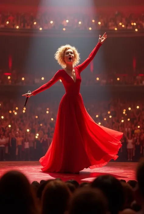 Disney Pixar singer Adele in a red dress singing to a large audience with the title of the movie sing