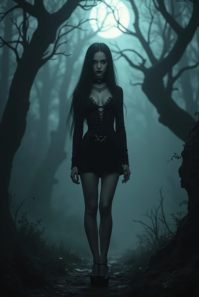 "Wednesday Addams from The Addams Family stands in a dark, eerie forest surrounded by twisted trees and mist covering the ground. The atmosphere is gothic and foreboding, with the moonlight barely piercing through the branches. Wednesday is at the center o...