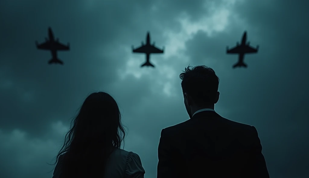 broad vision warplanes in the skies; a terrified man and woman looking up at the night sky, extremely detailed, intricate details, cinematic lighting, dramatic, horror, moody, dark, ominous, (best quality,8k,photorealistic:1.4),chiaroscuro,dramatic lightin...