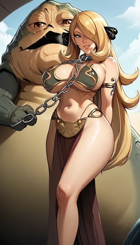 score_9, score_8_up, score_7_up, source_anime, best quality, solo, clear face, Cynthia, long hair, huge breasts, perfect body, looking at viewer, smile, slave, shiny slave bikini, in the beach, standing, dynamic angle, high leg thong, big ass, wide hips, l...