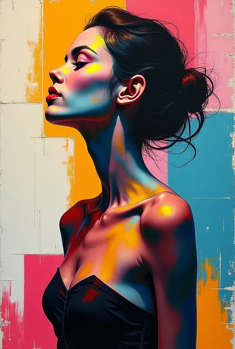 A modern abstract painting of a girl, depicted using sharp, geometric shapes and vibrant colors. The figure is abstracted, with her form created through the interplay of angular lines and textured brushstrokes. The use of a knife painting technique adds an...