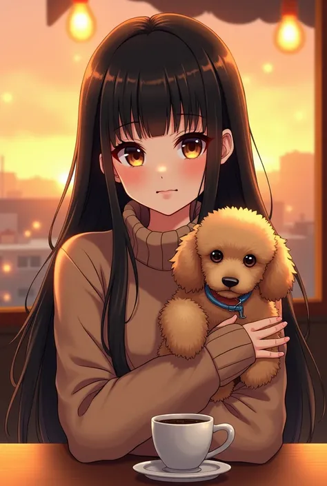 illustration，Black long straight hair brown eyes round face girl wearing brown sweater sitting in cafe drinking coffee, Sunset, Toothy Smile，No bangs, Holding a poodle puppy in arms