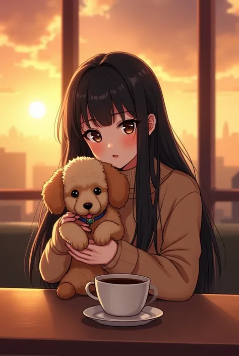 illustration，Black long straight hair brown eyes round face girl wearing brown sweater sitting in cafe drinking coffee, Sunset, Toothy Smile，No bangs, Holding a poodle puppy in arms