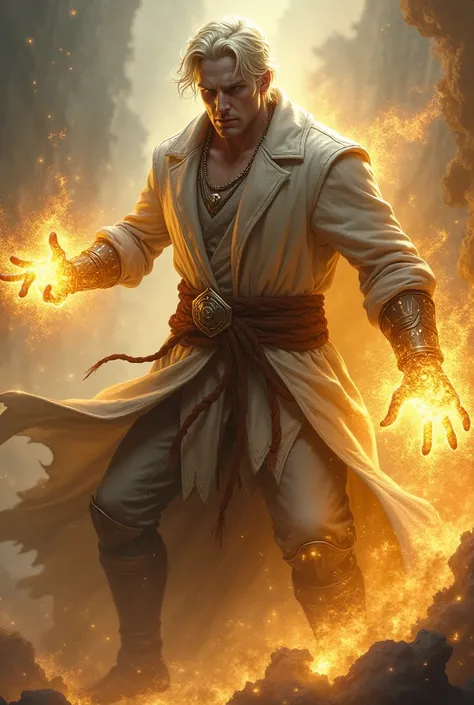 A 2 man, arcane sorcerer doctor of chaotic magic. In attack position. His body is pale white, light gray eyes, short wavy blonde hair, muscular and tall and robust and toned. With beige energy around, and beige energy emanating from his hands.