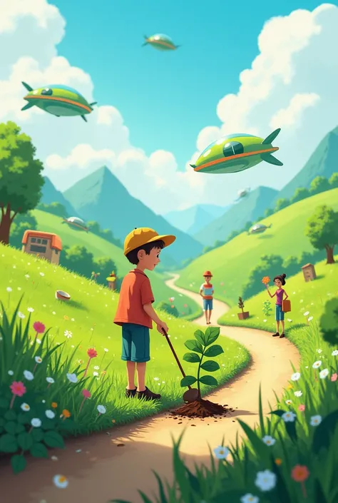 Make a landscape art on the topic " future we want clean and green" make like a  child have make. Add many activities such as a man planting trees,road with futurestic cars 