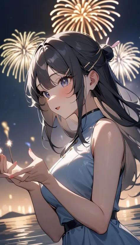 1girl, sakurajima mai, seishun buta yarou,fancy Qipao ,festival,stands on the shore of a lake,night,firework in background,upper shot,perfect hands, masterpiece,very aesthetic,newest,sensitive 