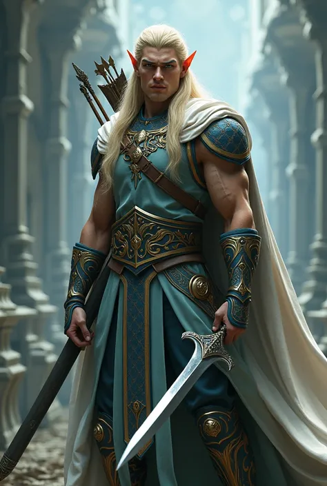 A tall, muscular male elf with ice blue eyes and long golden hair, with an elven-made bow and arrow behind him and a long elven-made sword in his hand, wearing diamond-detailed black clothing.show your all body