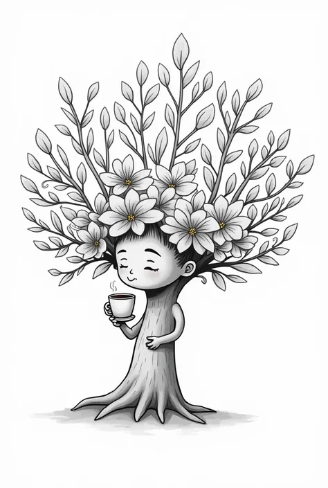 Cartoon drawing simple black and white tree full of leaves with flowers drinking coffee 