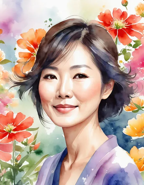 Watercolor style illustration of a modern 40-year-old Japanese woman, surrounded by a background full of flowers. The image should capture a sense of contemporary elegance and warmth, featuring a Japanese woman with a friendly and serene expression. She sh...