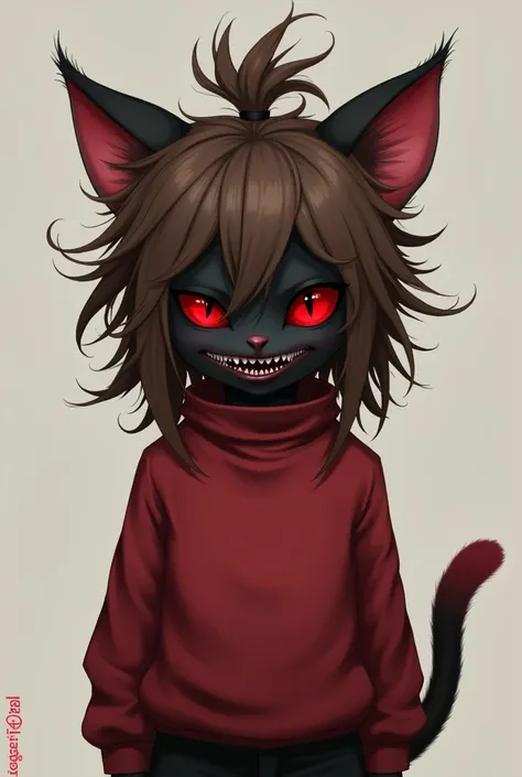 Create an illustration according to the description: human, brown hair, wide hair, hair tie, charcoal black face, 1 red eye on the right hand,no left eye, 1 red eye on forehead, black pupil, red white, red wide mouth, wine red cat ears, burgundy cat tail, ...