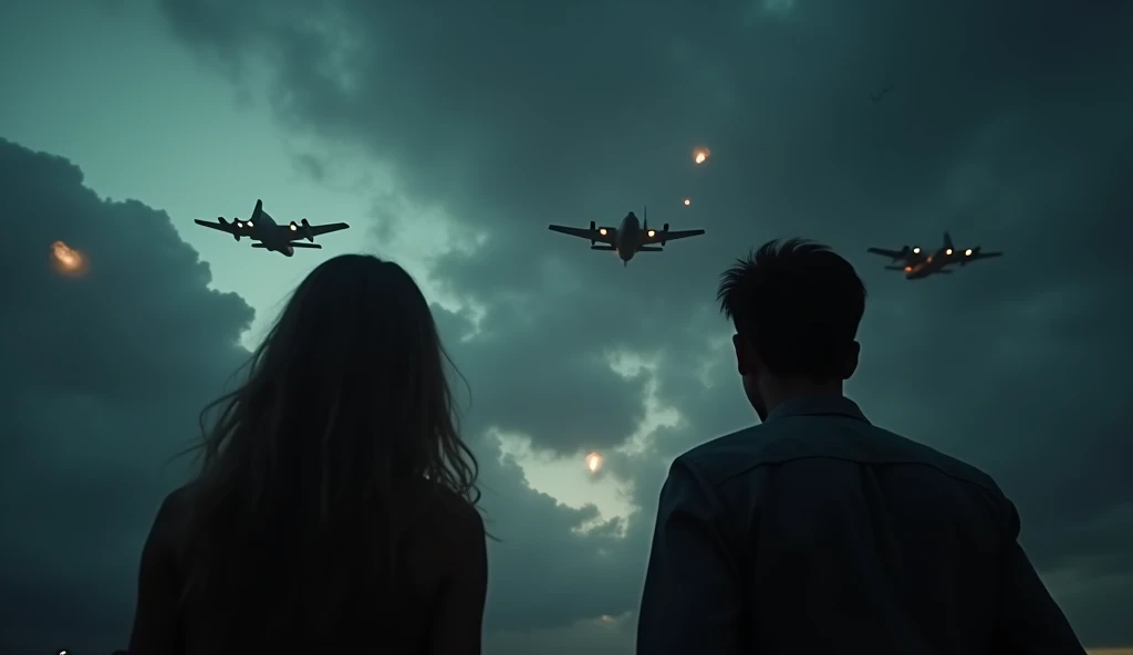 broad vision warplanes in the skies(((bombs, in the distance, falling from planes))); a terrified man and woman looking up at the night sky, extremely detailed, intricate details, cinematic lighting, dramatic, horror, moody, dark, ominous, (best quality,8k...