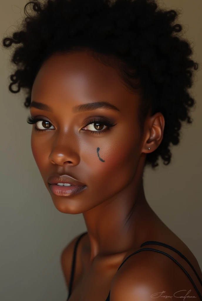 Crie imagem de uma  brown skin, half clear, brown-eyed, a black mole above the lip, On the left side, short curly hair 4c afro, Slim and beautiful.