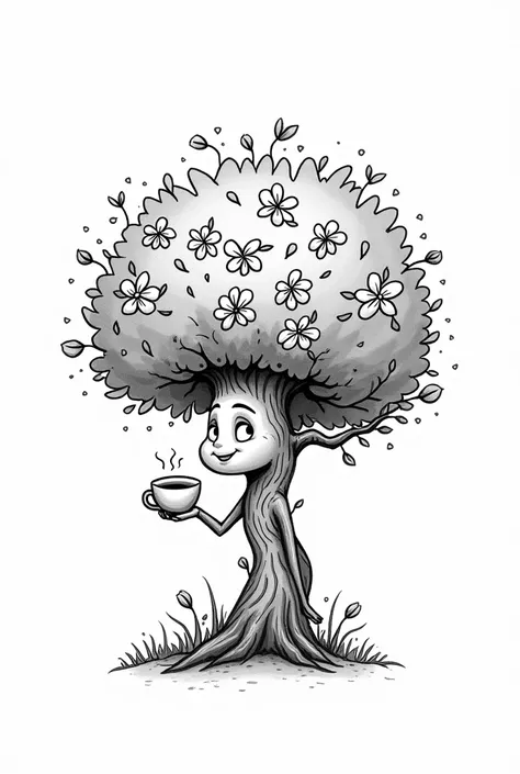 Cartoon drawing basic black and white tree full of leaves with flowers drinking coffee 