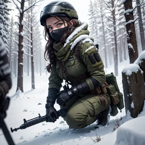 A close-up of a woman with intense green eyes, who partially covers her face with a worn olive green scarf. Her dark, braided hair is slightly disheveled, which indicates the harsh environment. She wears tactical gear, including fingerless gloves, an armor...