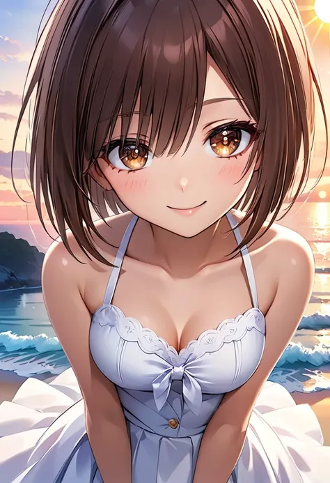 Nene Kasaki々、Shiny brown hair, short hair, (Beautiful brown eyes、Sparkling eyes, fine grain)、smile、Very fine eye、Highly detailed face, Highly detailed eyes,Cowboy Shot、


(Highly detailed illustration:1.2),Standing on the beach and the sun shining cartoon,...