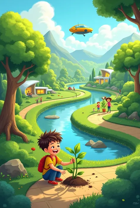 Make a landscape art on the topic " future we want clean and green" make like a  child have make. Add many activities such as a man planting trees,road with futurestic cars ,river, house, people 