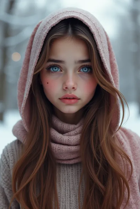 Prompt, realistic influencer Pakistani lovely cute young attractive teenage girl, 1, fair face, mole on cheek, little mouth,cute, beautiful , Blue eyes, sad mood,dimpal ,an Instagram model,long  brown_hair, colorful hair, winter,fashionable runway model st...