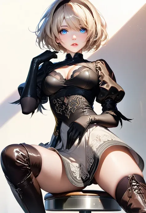 {(masterpiece,best quality, 16K portrait, UHD, extremely detailed the work, detailed beautiful face and eyes and skin and hair)} 
BREAK {(realistic anime style:1.2)} 
BREAK {1 woman,25-yo,(2B of Nier-Automa:1), (lightbrown-lightwhite colored hair:1.4, shor...