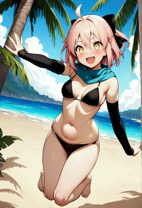 NSFW,masterpiece,Highest quality,High resolution,Very detailed,,Okita Souji(Fate/grandorder),Ahoge、Pink Hair、Hair between the eyes、Hair Ribbon、short hair、Yellow Eyes,Asymmetrical sleeves、bikini、黒bikini、黒scarf、black sleeves、Detached sleeve、マルチストラップbikini、be...