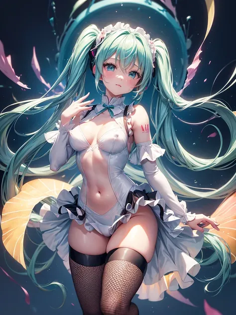 (((anime-style cute face)))、Hatsune Miku、beautiful、blush、Very big eyes、anatomically correct body、Thighs、The face is bright、Professional Lighting、Cute beautiful breasts、(Highest quality1.5, Anime artwork, Anime Style, Studio Anime, Very detailed, Anime Colo...