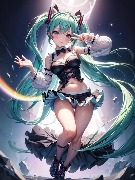 (((anime-style cute face)))、Hatsune Miku、beautiful、blush、Very big eyes、anatomically correct body、Thighs、The face is bright、Professional Lighting、Cute beautiful breasts、(Highest quality1.5, Anime artwork, Anime Style, Studio Anime, Very detailed, Anime Colo...