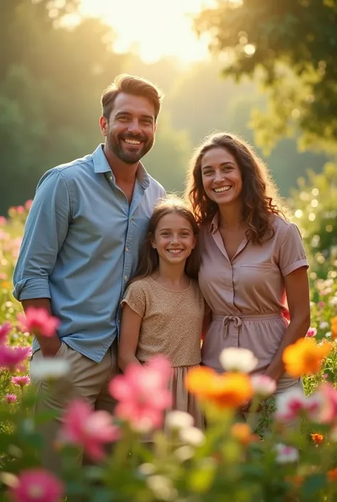 one man and one woman together with one girl and one mother full hd playing together in the flower garden happily and smiling together facing the camera..