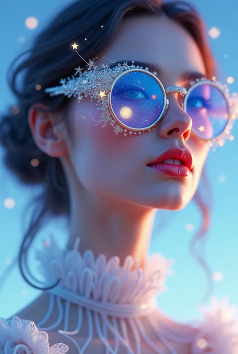 The model is wearing glass sunglasses with stars and the moon on the