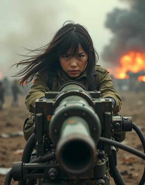 (photorealism:1.2), girl with cannon, Air Defense Artillery. battle.