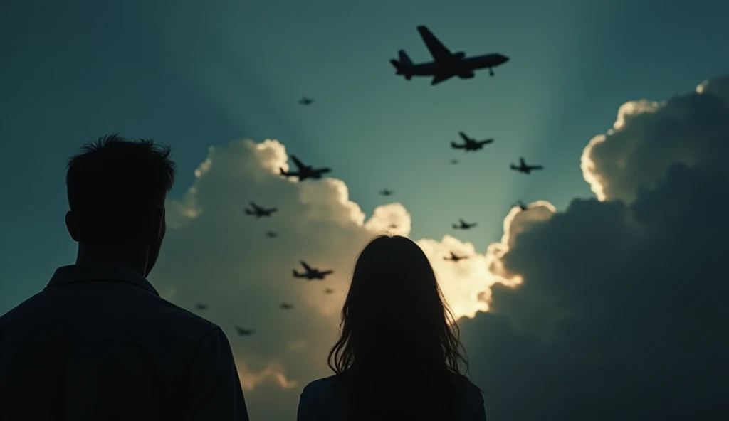 broad vision warplanes in the skies(((bombs, in the distance, falling from planes))); a terrified man and woman looking up at the night sky, extremely detailed, intricate details, cinematic lighting, dramatic, horror, moody, dark, ominous, (best quality,8k...