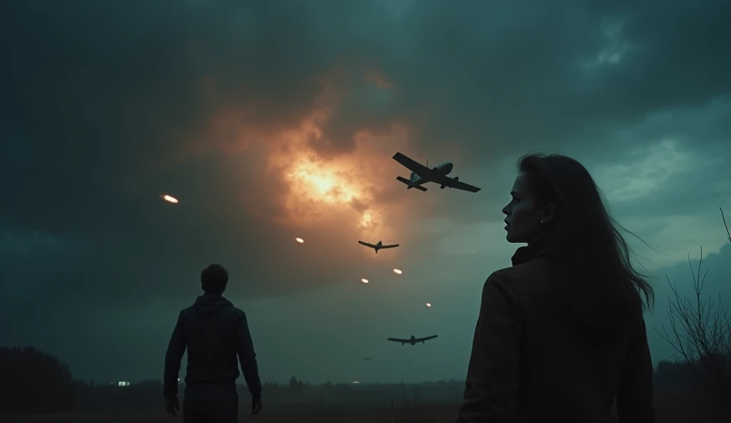 broad vision warplanes in the skies(((bombs, in the distance, falling from planes))); a terrified man and woman looking up at the night sky, extremely detailed, intricate details, cinematic lighting, dramatic, horror, moody, dark, ominous, (best quality,8k...