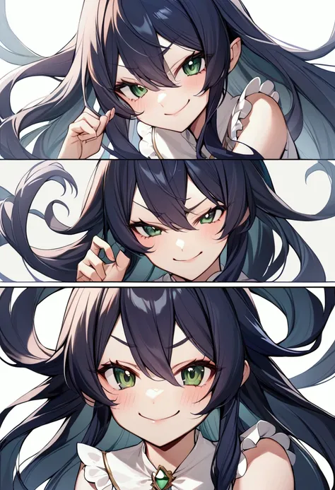 A girl with dark blue hair, hair between eyes, long hair, dark green eyes, mischievous smile, mischievous attitude, mischievous expression, smug expression, princess clothes