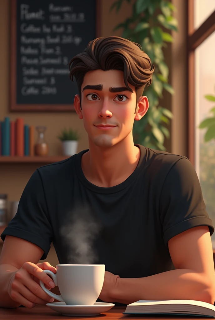 Create an image of a nice guy in black t-shirt named Kurt that loves coffee and looks like a good student 