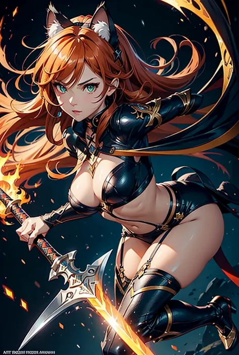 a sexy woman ,cat ears, cat tail , orange hair , curly hair, green eyes , dark skin t , holding a sword, a character portrait inspired by rossdraws, Artstation, fantasy art, extremely detailed artgerm, cushart krenz key art feminine, style artgerm, she is ...