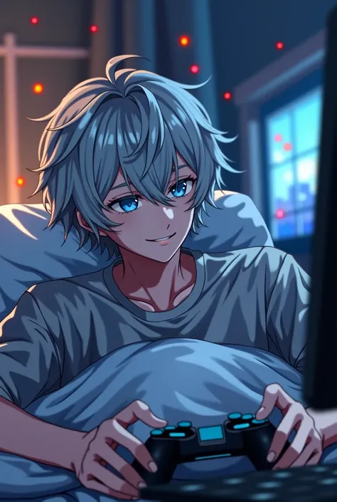 Make me a guy over 18 with grey hair and blue eyes in a bed playing video games, anime