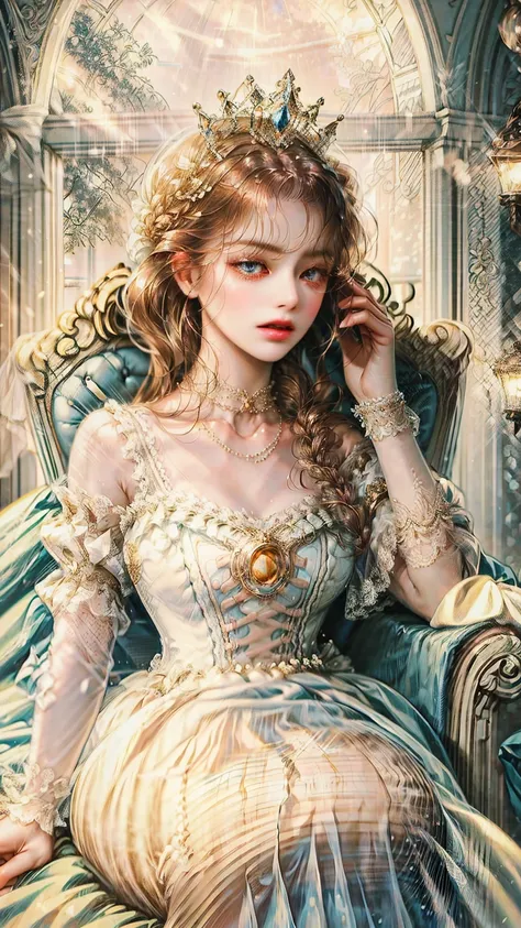 ((best quality)), ((masterpiece)), ((Romance Fantasy)), ((illustration)), (detailed), (clear), (Perfect), 1 woman, mature, pure, expressionless, Long pink braided hair, With bangs, white skin, Sapphire blue eyes, abundant eyelashes, Deep double eyelids, pr...