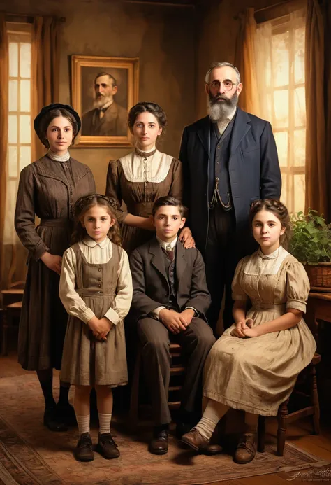 A family portrait of Ashkenazi Jewish immigrants in the 1880s Eastern United States, a hopeful and retro feeling, sepia tone, impressionistic painting, warm lighting, soft brushstrokes, detailed clothing, family gathering, indoor scene, wooden furniture, p...