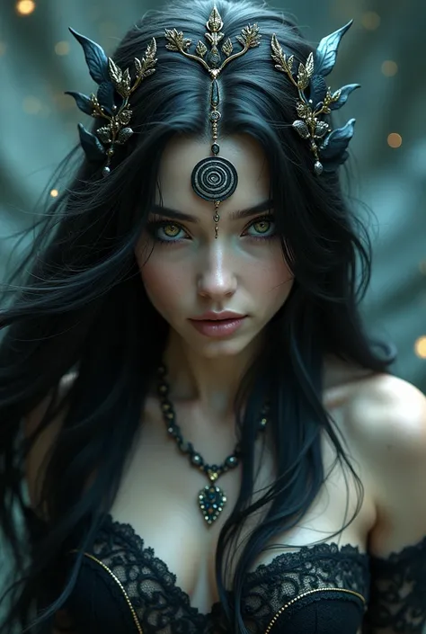 A Greek Mythology Goddess of Illusion, Black hair with one spiral iris on her other eye
