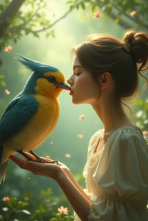 A girl kissing a bird using tongue