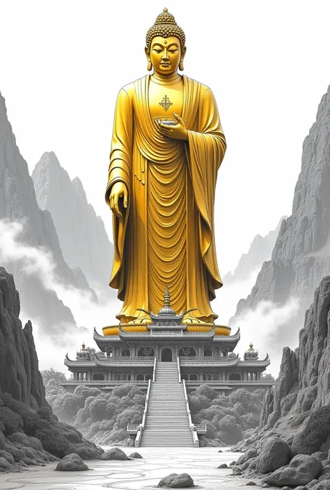 Masterpiece, top class, unique, white rose, line drawing background, white background, monochrome, line drawing, ((sketch)). A colossal golden Buddha statue, carved with incredible detail and precision, towering majestically among towering mountain peaks. ...