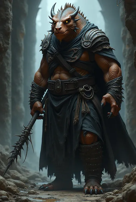 A large copper dragonborn with feral eyes, a sharp snout and a black, spiny Dungeons jowl & Dragons, medieval fantasy, dressed as an acolyte in shades of black and gray, heretic hunter. 