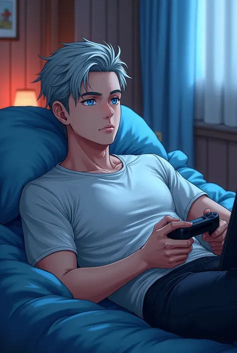 Make me a guy over 18 with short grey hair and blue eyes in a bed playing video games, anime