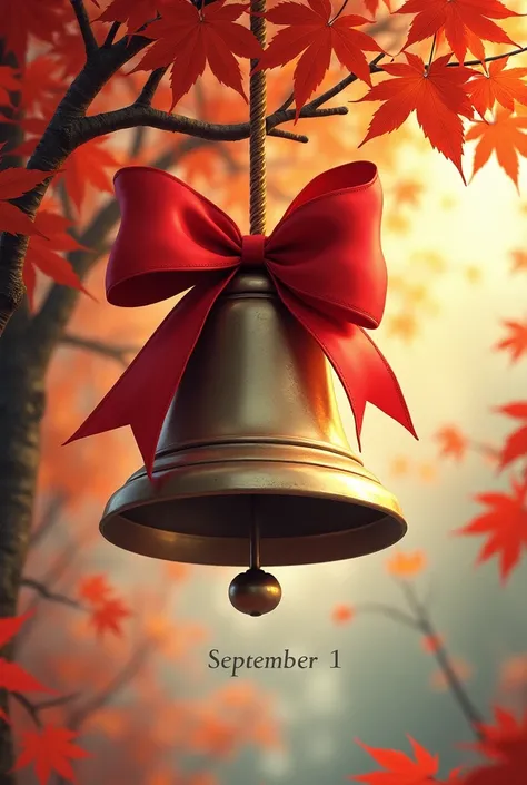 Postcard with the inscription from September 1 in Russian maple foliage , bell with red bow 