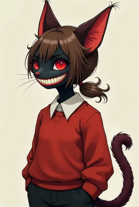 Create an illustration according to the description: human, brown hair, wide hair, hair tie, charcoal black face, 1 red eye on the right hand,no left eye, 1 red eye on forehead, black pupil, red white, red wide mouth, wine red cat ears, burgundy cat tail, ...