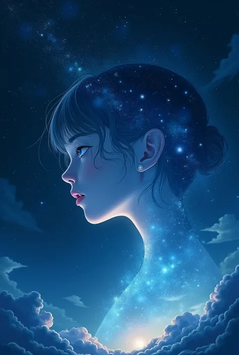 Night with sky beauty and dark theme of light blue colour with face of transparent girl face with very light colour motivating