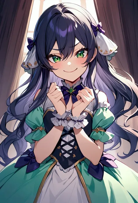 A girl with dark blue hair, hair between eyes, long hair, dark green eyes, mischievous smile, mischievous attitude, mischievous expression, smug expression, princess clothes