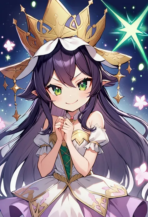 A girl with dark blue hair, hair between eyes, long hair, dark green eyes, mischievous smile, mischievous attitude, mischievous expression, smug expression, princess clothes